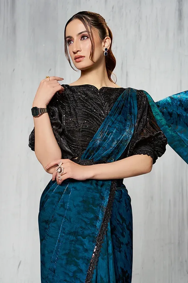 READY_TO_WEAR_TWO_TONE_SATIN_SILK_SAREE_WITH_BEADS_Work_READY_TO_WEAR_BLOUSE_&_Belt_With_Crushed_Sleeves