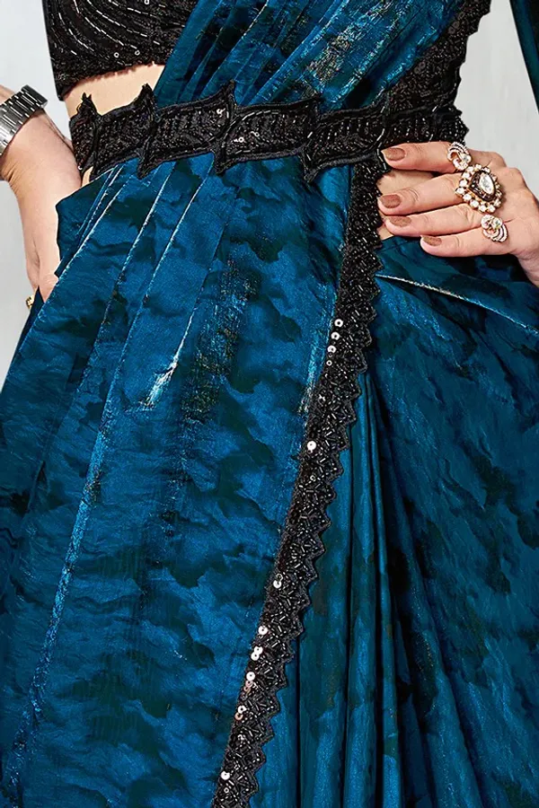 READY_TO_WEAR_TWO_TONE_SATIN_SILK_SAREE_WITH_BEADS_Work_READY_TO_WEAR_BLOUSE_&_Belt_With_Crushed_Sleeves