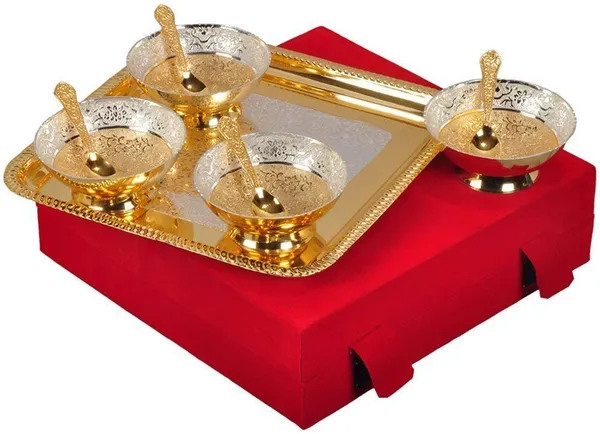 Copper__Gold_Plated_Bowl_with_Gold_Plated_Spoon_and_Gold_Plated_Tray_(Set_of_9_Pics,_Gold)_with_Velvet_Box_Packing_Items_for_Diwali_Gift,_Gift_and_Corporate_Gift