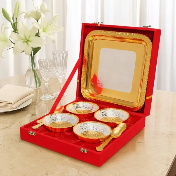Copper_Metal_Floral_Dessert_Bowl_-_0.1_Liter,_4_Piece_Bowl_4_Piece_Spoon_1_Piece_Plate_(Golden_and_Silver)