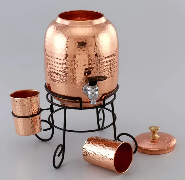 Copper_5_Litre_Hammered_Copper_Water_Dispenser_(Matka/Pot)_Container_Pot_with_2_Copper_Glass_and_Stand,Pure_Copper_and_Ayurveda_Benefits_(5000_ml)_(Medium,_Diamond_Hexagonal)