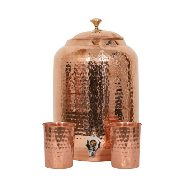 Copper_8_Litre_Hammered_Copper_Water_Dispenser_(Matka)_Container_Pot_with_2_Pure_Copper_Glasses_100%_Pure_Copper_and_Ayurvedic_Health_Benefits_(8000_ml_+_600_ml)