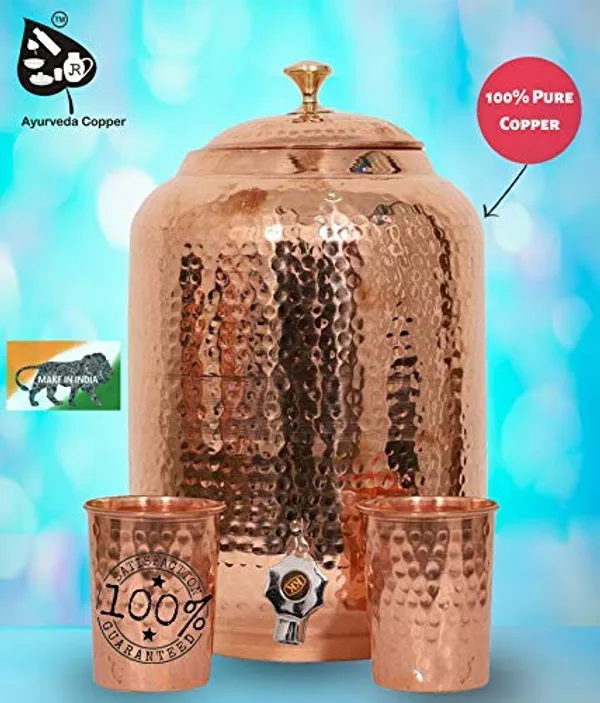 Copper_8_Litre_Hammered_Copper_Water_Dispenser_(Matka)_Container_Pot_with_2_Pure_Copper_Glasses_100%_Pure_Copper_and_Ayurvedic_Health_Benefits_(8000_ml_+_600_ml)