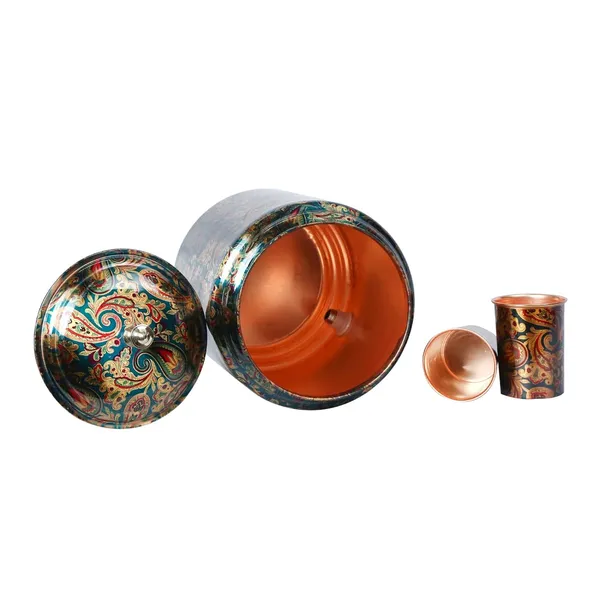 Copper_Handmade_Copper_Metal_Matka_Green_Printed_8_Litre_Copper_Water_Dispenser_(Matka/Pot)_Container_Pot_with_2_Copper_Glass_and_Stand_,Pure_Copper_and_Ayurveda_Health_Benefits_(Storing_Capacity_8_Liter)_for_home_office_and_party_and_Wedding_Gift