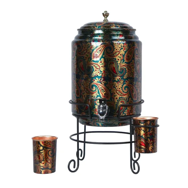Copper_Handmade_Copper_Metal_Matka_Green_Printed_8_Litre_Copper_Water_Dispenser_(Matka/Pot)_Container_Pot_with_2_Copper_Glass_and_Stand_,Pure_Copper_and_Ayurveda_Health_Benefits_(Storing_Capacity_8_Liter)_for_home_office_and_party_and_Wedding_Gift