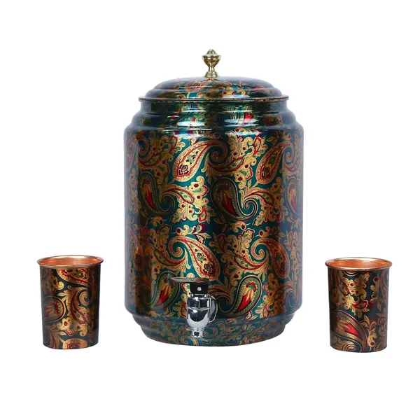 Copper_Handmade_Copper_Metal_Matka_Green_Printed_8_Litre_Copper_Water_Dispenser_(Matka/Pot)_Container_Pot_with_2_Copper_Glass_and_Stand_,Pure_Copper_and_Ayurveda_Health_Benefits_(Storing_Capacity_8_Liter)_for_home_office_and_party_and_Wedding_Gift