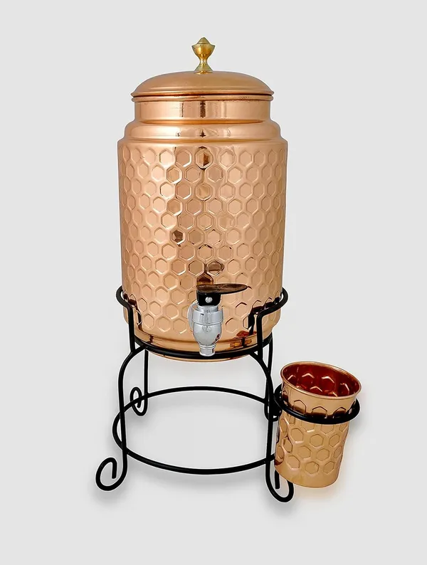 Copper_Diamond_Cut_5_Liter_Copper_Water_Dispenser_Tank_Pot_with_1_Glass_and_Iron_Stand