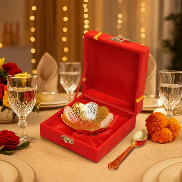 Copper,_Silver_&_Gold_Plated_Floral_Metal_Bowl_&_Spoon_Set_–_Premium_Wedding_Return_Gift_–_Velvet_Gift_Box_Included_for_Wedding_Gathering_Bulk_Gifting