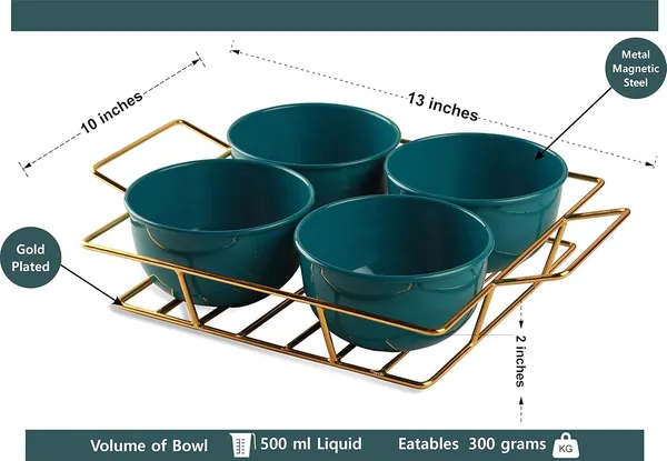 Copper_Snack_Platter_Four_Metal_Bowl_with_Gilded_Gold_Plated_Tray_with_Handle_for_Fresh_Fruit_Tray,Dried_Fruit_Tray,with_Tray,Snack_Tray,Grid_Plate(Gold&Green)_Ramekin_Set,500_ML