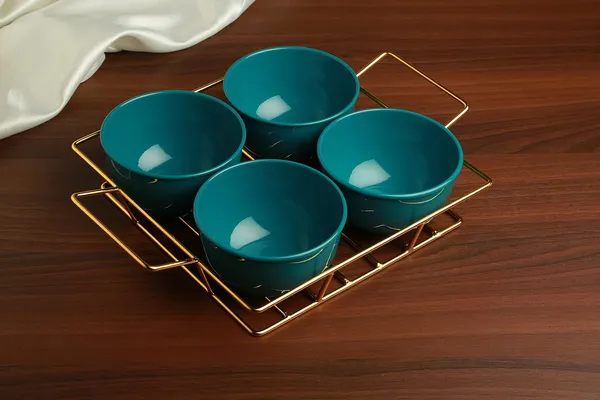 Copper_Snack_Platter_Four_Metal_Bowl_with_Gilded_Gold_Plated_Tray_with_Handle_for_Fresh_Fruit_Tray,Dried_Fruit_Tray,with_Tray,Snack_Tray,Grid_Plate(Gold&Green)_Ramekin_Set,500_ML