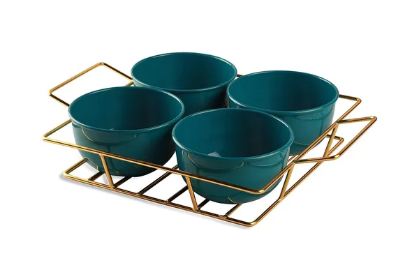 Copper_Snack_Platter_Four_Metal_Bowl_with_Gilded_Gold_Plated_Tray_with_Handle_for_Fresh_Fruit_Tray,Dried_Fruit_Tray,with_Tray,Snack_Tray,Grid_Plate(Gold&Green)_Ramekin_Set,500_ML