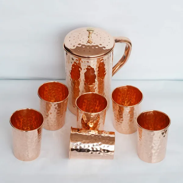Copper_Hand_Crafted_Pure_Copper_Hammered_Copper_Jug_Pitcher_Serveware_and_Tableware_Good_Health_Benefits_-_1_Pitcher_Jug_and_6_Hammered_Glass