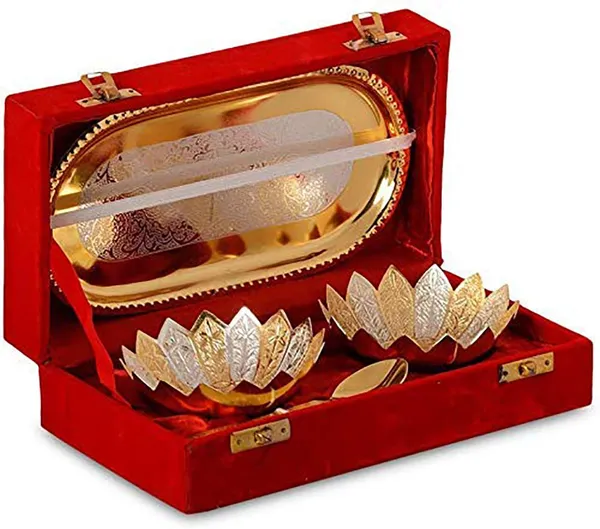 Designox_Copper_Metal_Floral_Bowl_Set_5_Pieces_Set_In_(Red_Velvet_Imitation_Jewelry_Box_With_Gift_Ribbon)_Pack_Of_1_Box,_250_Milliliter_-_250_Ml
