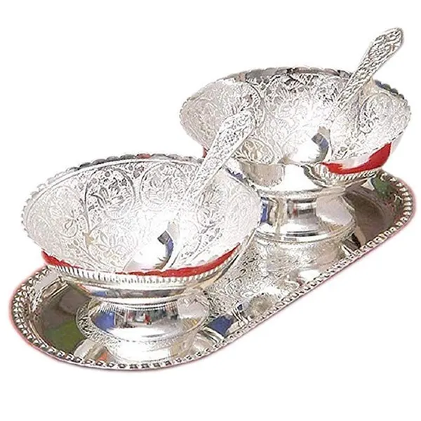 Brass_Silver_Plated_Floral_Bowls,_Spoon_With_Plate_In_Royal_Velvet_Gift_Box_(Silver)_-_5_Pieces,_250_Milliliter_-_250_Ml