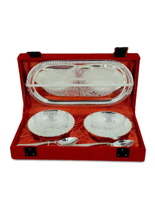 Richi_Rich_Silver_And_Gold_Plated_Brass_Bowl_And_Tray_Set_Of_5_Pcs,_Floral,_250_Milliliter_-_250_Ml