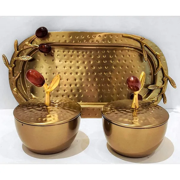 Copper_Steel_Red_Cherry_Bowls_with_Lid_Set-Platter_(Silver)_|_Steel_Bowls_and_Aluminum_Tray|_Golden_Color_|Refreshner|Dry_Fruit_Serving|Decorative_Bowls
