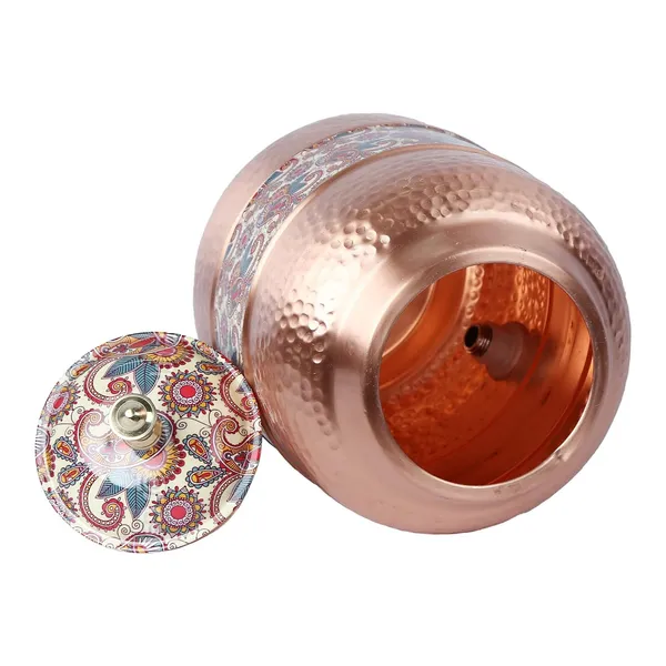 Copper_Handmade_Copper_Matka_Mette_Look_Hammer_with_Cream_Paisley_Print_Design_with_Stand_and_Glass,_5_Liter,_3-Piece,_Clear(12_*_7_*_7_Inch)