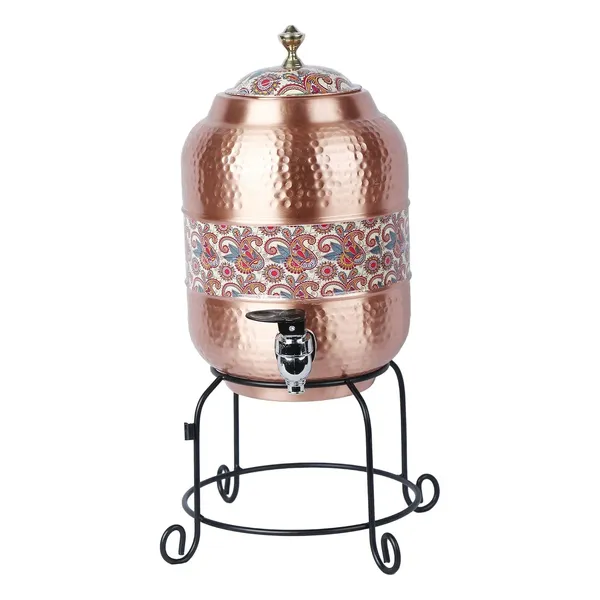 Copper_Handmade_Copper_Matka_Mette_Look_Hammer_with_Cream_Paisley_Print_Design_with_Stand_and_Glass,_5_Liter,_3-Piece,_Clear(12_*_7_*_7_Inch)