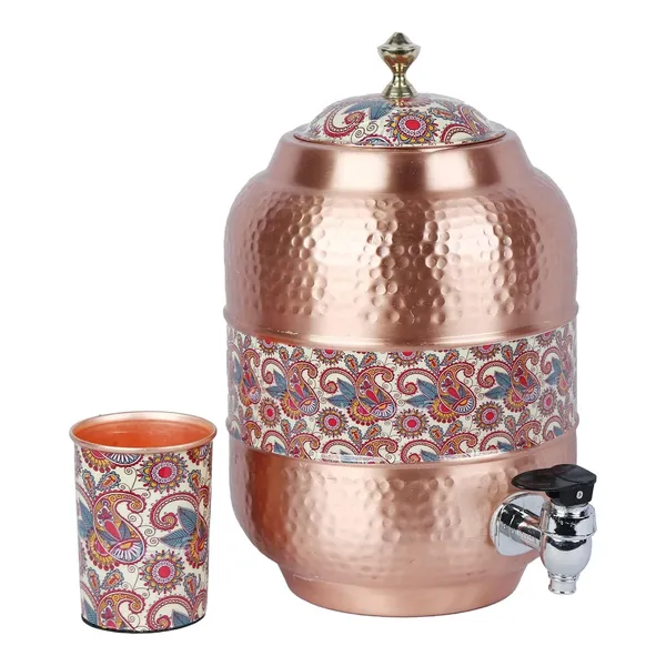 Copper_Handmade_Copper_Matka_Mette_Look_Hammer_with_Cream_Paisley_Print_Design_with_Stand_and_Glass,_5_Liter,_3-Piece,_Clear(12_*_7_*_7_Inch)