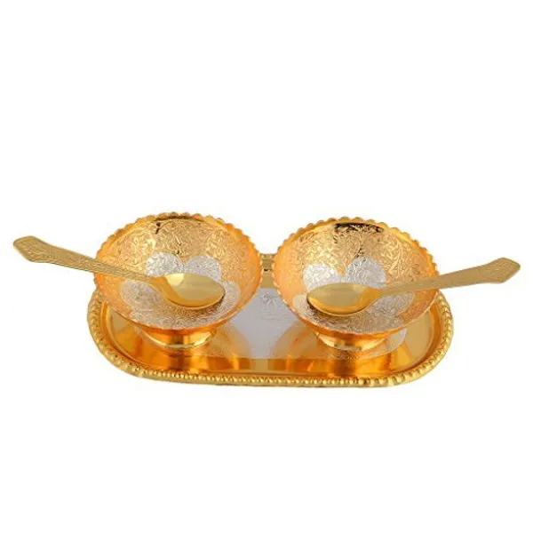 Copper_Metal_Floral_Round_Bowl_Set_5_Pieces_Set_in_(Red_Velvet_Imitation_Jewelry_Box_with_Gift_Ribbon)_Pack_of_1_Box,_Tray_Bowl_Set_Silver_and_Gold_Plated_for_Return_Gift,_100_ml