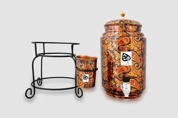 Copper_Handmade_Copper_Metal_Matka_Green_Printed_11_Litre_Copper_Water_Dispenser_(Matka/Pot)_Container_Pot_with_2_Copper_Glass_and_Stand,Pure_Copper_and_Ayurveda_Health_Benefits