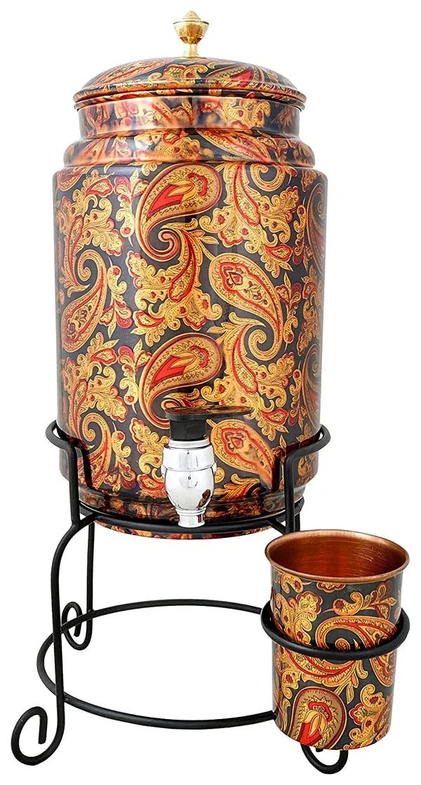 Copper_Handmade_Copper_Metal_Matka_Green_Printed_5_Litre_Copper_Water_Dispenser_(Matka/Pot)_Container_Pot_with_Copper_Glass_and_Stand,Pure_Copper_and_Ayurveda_Health_Benefits