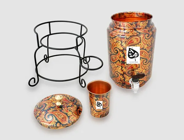 Copper_Handmade_Copper_Metal_Matka_Green_Printed_5_Litre_Copper_Water_Dispenser_(Matka/Pot)_Container_Pot_with_Copper_Glass_and_Stand,Pure_Copper_and_Ayurveda_Health_Benefits