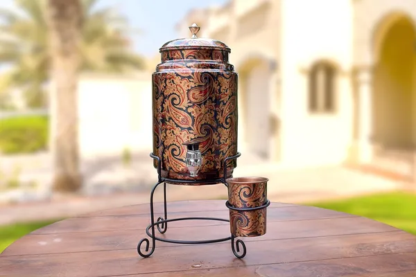 Copper_Handmade_Copper_Metal_Matka_Green_Printed_8_Litre_Copper_Water_Dispenser_(Matka/Pot)_Container_Pot_with_2_Copper_Glass_and_Stand,Pure_Copper_and_Ayurveda_Health_Benefits