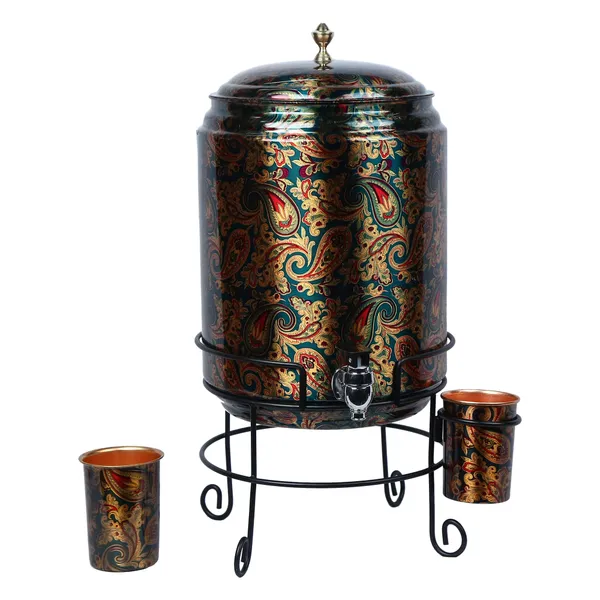 Copper_Handmade_Copper_Matka_Green_Paisley_Print_Pure_With_Stand_And_Two_Glass,_11_Liter,_3-Piece,_Clear
