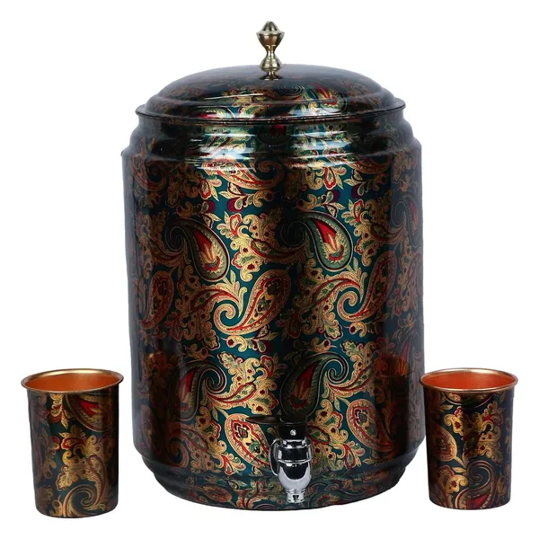 Copper_Handmade_Copper_Matka_Green_Paisley_Print_Pure_With_Stand_And_Two_Glass,_11_Liter,_3-Piece,_Clear