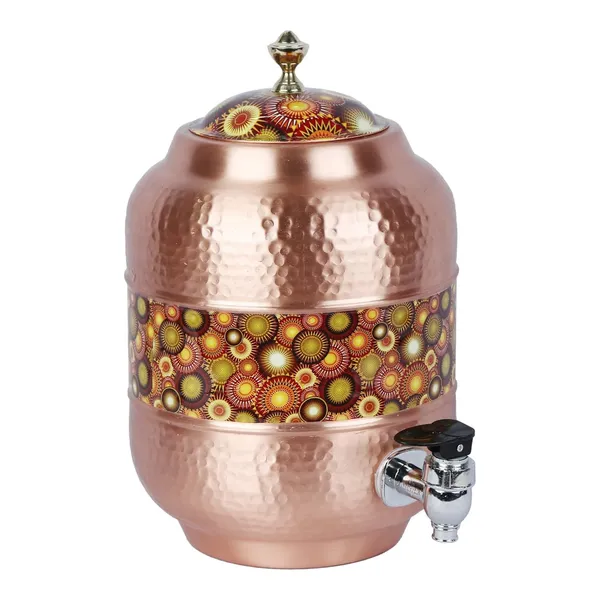 Copper_Handmade_Copper_Matka_Mette_Look_Hammer_With_Mustard_Circle_Print_Design_With_Stand_And_Glass,_5_Liter,_3-Piece,_Clear