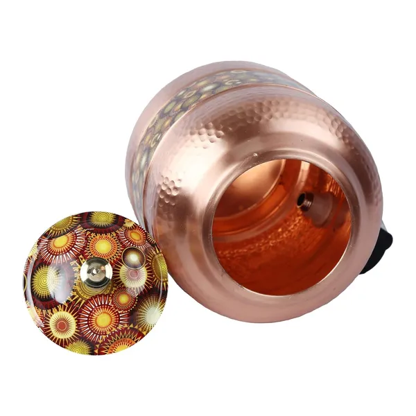 Copper_Handmade_Copper_Matka_Mette_Look_Hammer_With_Mustard_Circle_Print_Design_With_Stand_And_Glass,_5_Liter,_3-Piece,_Clear