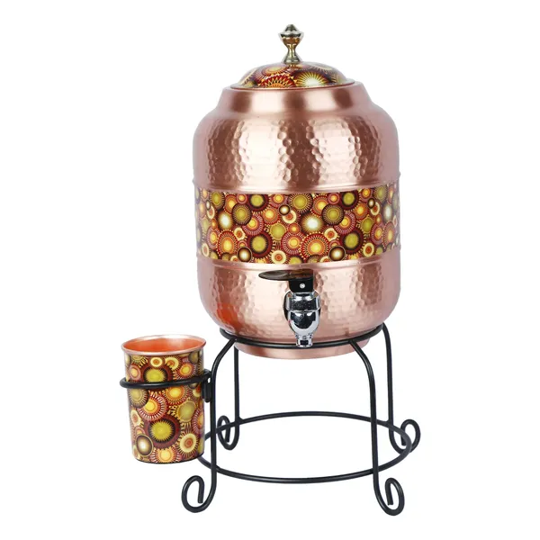 Copper_Handmade_Copper_Matka_Mette_Look_Hammer_With_Mustard_Circle_Print_Design_With_Stand_And_Glass,_5_Liter,_3-Piece,_Clear