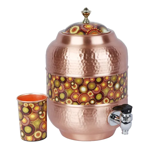 Copper_Handmade_Copper_Matka_Mette_Look_Hammer_With_Mustard_Circle_Print_Design_With_Stand_And_Glass,_5_Liter,_3-Piece,_Clear