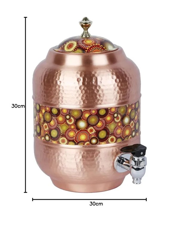 Copper_Handmade_Copper_Matka_Mette_Look_Hammer_With_Mustard_Circle_Print_Design_With_Stand_And_Glass,_5_Liter,_3-Piece,_Clear