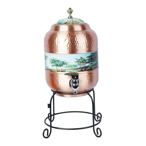Copper_Handmade_Copper_Matka_Mette_Look_Hammer_With_Village_Safari_Print_Design_With_Stand_And_Glass,_5_Liter,_3-Piece,_Clear