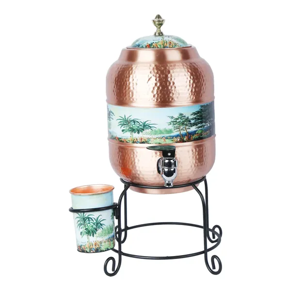 Copper_Handmade_Copper_Matka_Mette_Look_Hammer_With_Village_Safari_Print_Design_With_Stand_And_Glass,_5_Liter,_3-Piece,_Clear