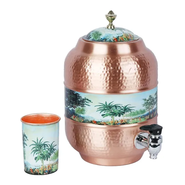 Copper_Handmade_Copper_Matka_Mette_Look_Hammer_With_Village_Safari_Print_Design_With_Stand_And_Glass,_5_Liter,_3-Piece,_Clear