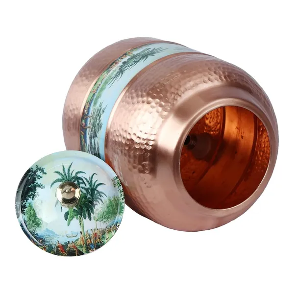 Copper_Handmade_Copper_Matka_Mette_Look_Hammer_With_Village_Safari_Print_Design_With_Stand_And_Glass,_5_Liter,_3-Piece,_Clear