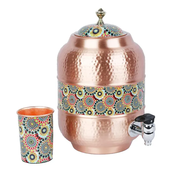 Copper_Handmade_Copper_Matka_Mette_Look_Hammer_With_Circular_Dots_Print_Design_With_Stand_And_Glass,_5_Liter,_3-Piece,_Clear