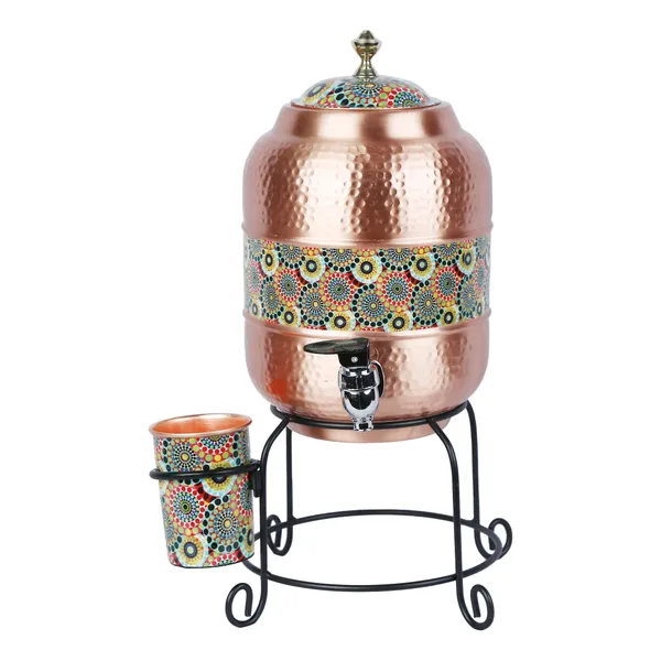Copper_Handmade_Copper_Matka_Mette_Look_Hammer_With_Circular_Dots_Print_Design_With_Stand_And_Glass,_5_Liter,_3-Piece,_Clear