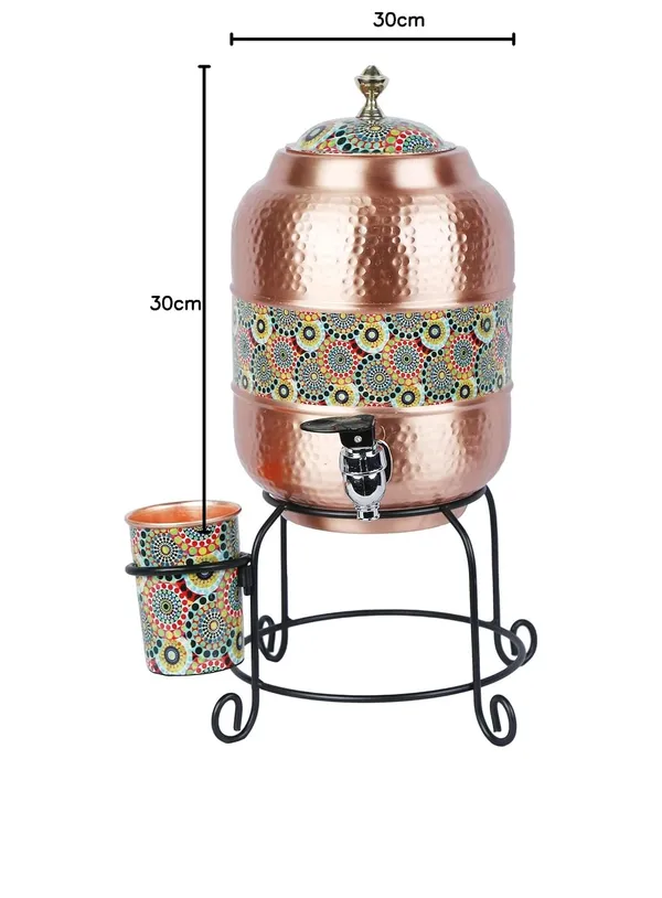 Copper_Handmade_Copper_Matka_Mette_Look_Hammer_With_Circular_Dots_Print_Design_With_Stand_And_Glass,_5_Liter,_3-Piece,_Clear