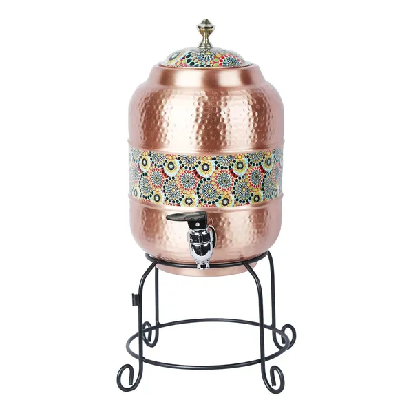 Copper_Handmade_Copper_Matka_Mette_Look_Hammer_With_Circular_Dots_Print_Design_With_Stand_And_Glass,_5_Liter,_3-Piece,_Clear