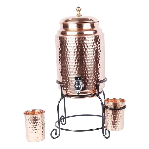 Copper_Handmade_Copper_Matka_Hammer_Beads_Dots_5_Litre_Copper_Water_Dispenser_(Matka/Pot)_Container_Pot_with_2_Copper_Glass_and_Stand_,Pure_Copper_and_Ayurveda_Health_Benefits_(Storing_Capacity_5_Liter)_for_home_office_and_party