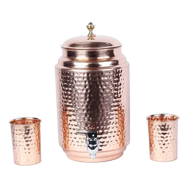 Copper_Handmade_Copper_Matka_Hammer_Beads_Dots_5_Litre_Copper_Water_Dispenser_(Matka/Pot)_Container_Pot_with_2_Copper_Glass_and_Stand_,Pure_Copper_and_Ayurveda_Health_Benefits_(Storing_Capacity_5_Liter)_for_home_office_and_party