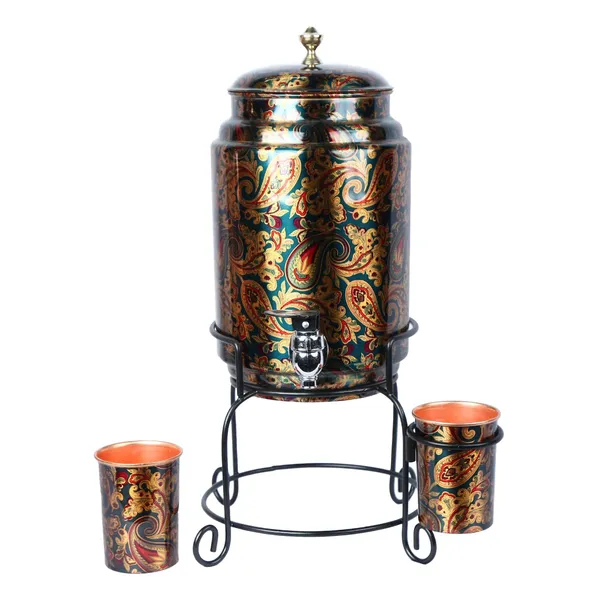 Copper_Handmade_Copper_Matka_Green_Printed_5_Litre_Water_Dispenser_Container_Pot_with_2_Copper_Glass_&_Stand,_Pure_Copper_and_Ayurveda_Health_Benefits_(Storing_Capacity_5_Liter)