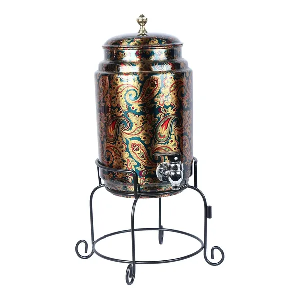 Copper_Handmade_Copper_Matka_Green_Printed_5_Litre_Water_Dispenser_Container_Pot_with_2_Copper_Glass_&_Stand,_Pure_Copper_and_Ayurveda_Health_Benefits_(Storing_Capacity_5_Liter)