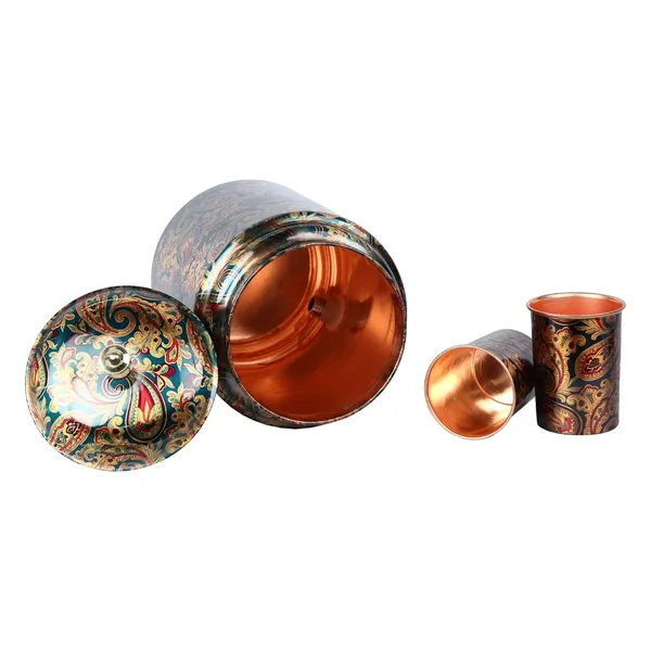 Copper_Handmade_Copper_Matka_Green_Printed_5_Litre_Water_Dispenser_Container_Pot_with_2_Copper_Glass_&_Stand,_Pure_Copper_and_Ayurveda_Health_Benefits_(Storing_Capacity_5_Liter)
