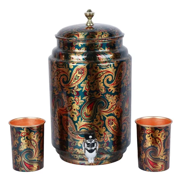 Copper_Handmade_Copper_Matka_Green_Printed_5_Litre_Water_Dispenser_Container_Pot_with_2_Copper_Glass_&_Stand,_Pure_Copper_and_Ayurveda_Health_Benefits_(Storing_Capacity_5_Liter)