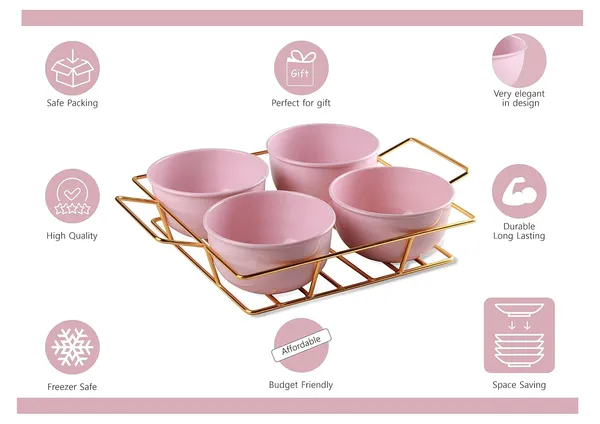 Copper_Snack_Four_Metal_Pink_Bowl_Gold_Plated_Tray_with_Handle_for_Fresh_Fruit_Tray,_Dried_Fruit,_Grid_Plate_(Gold_and_Pink)_Ramekin_Guest_Refeshment_Set